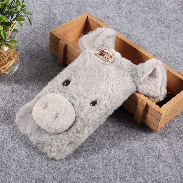 3D Cute Pig Pattern Soft Fur Coated Cover Rhinestone TPU Phone Case for iPhone 6s - Light Grey-1