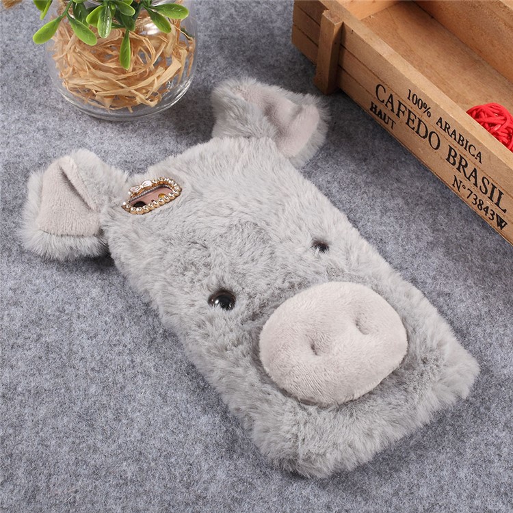 3D Cute Pig Pattern Soft Fur Coated Cover Rhinestone TPU Phone Case  for iPhone 6s - Light Grey-3