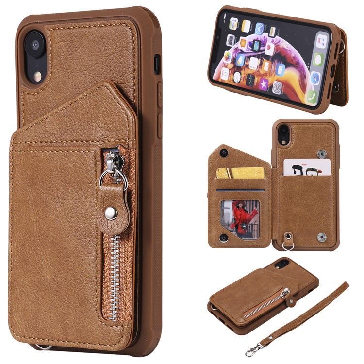 

Shatter-resistant Zipper Kickstand Leather Mobile Case for iPhone XR 6.1 inch - Coffee, iPhone XR 6.1 inch