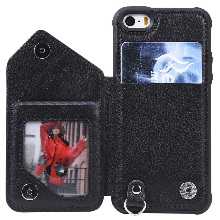 PU Leather Coated TPU Card Holder Phone Shell with Kickstand for iPhone 5s/5/SE - Black-4