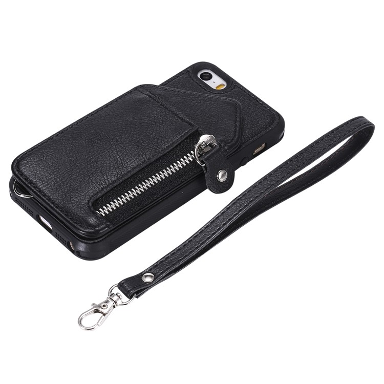 PU Leather Coated TPU Card Holder Phone Shell with Kickstand for iPhone 5s/5/SE - Black-6