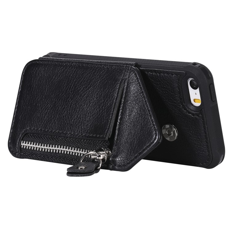 PU Leather Coated TPU Card Holder Phone Shell with Kickstand for iPhone 5s/5/SE - Black-7