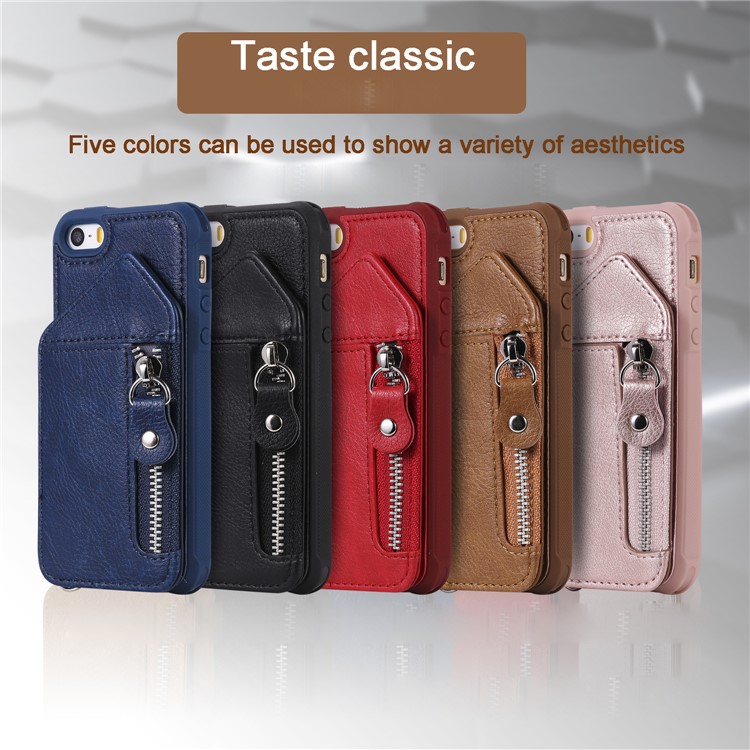 PU Leather Coated TPU Card Holder Phone Shell with Kickstand for iPhone 5s/5/SE - Black-8