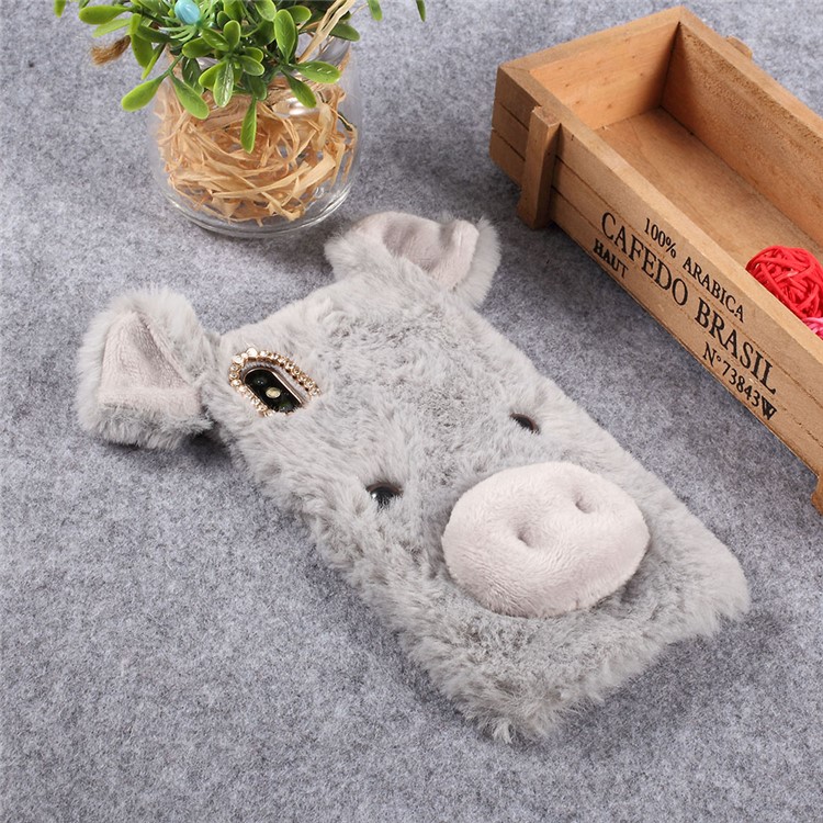 3D Cute Pig Pattern Soft Fur Coated Rhinestone TPU Cover for iPhone XS / X - Light Grey-3