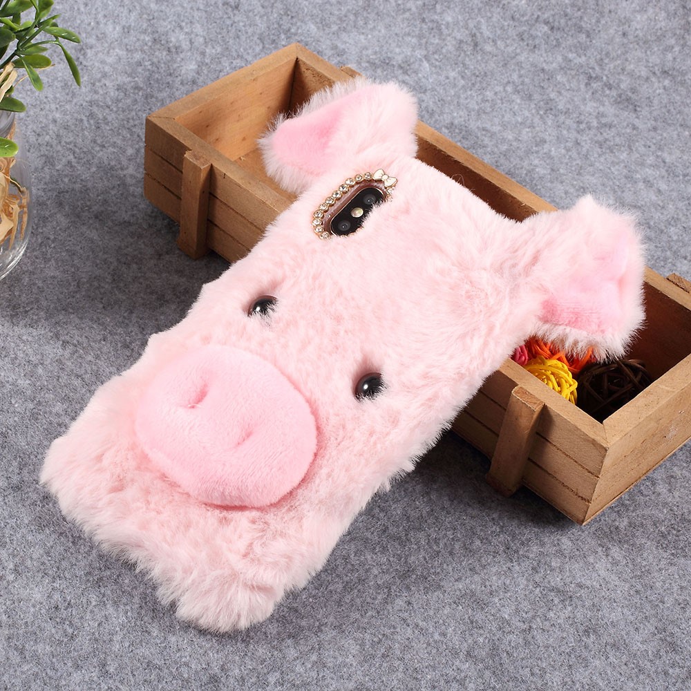 3D Cute Pig Pattern Soft Fur Coated Rhinestone TPU Cover for iPhone XS/X5.8 inch - Pink