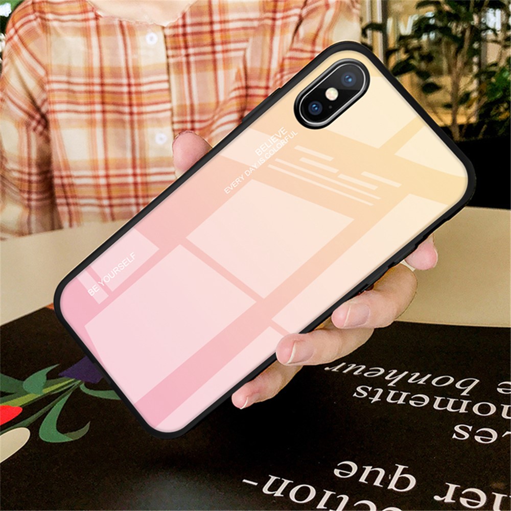 Gradient Color Glass + PC + TPU Hybrid Case for iPhone XS 5.8 inch - Gold / Pink
