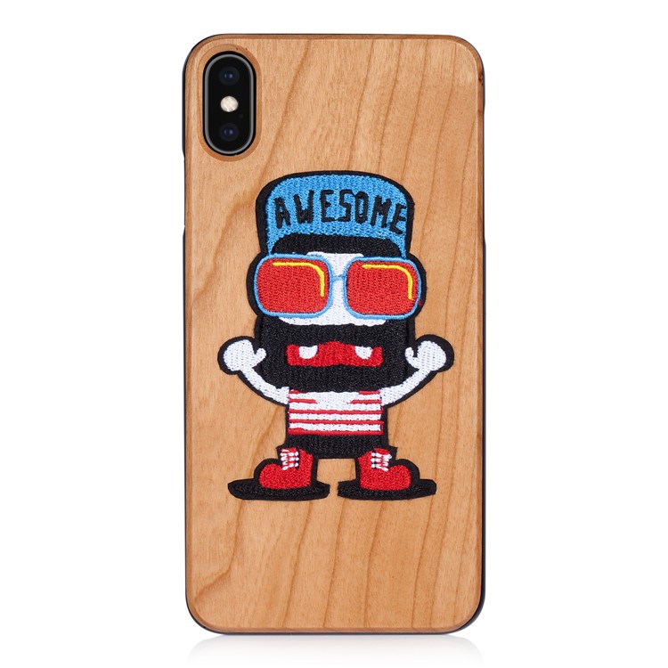 Embroidery Design PC + Wood Wooden Hard Case Cover for iPhone XS / X 5.8 inch - Big Mouth Doll-1