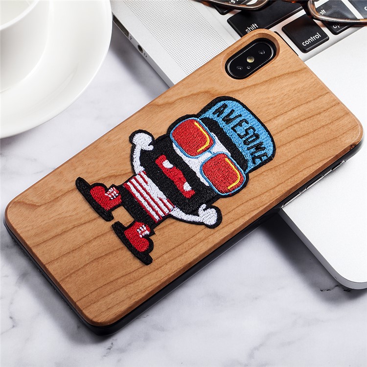 Embroidery Design PC + Wood Wooden Hard Case Cover for iPhone XS / X 5.8 inch - Big Mouth Doll-4