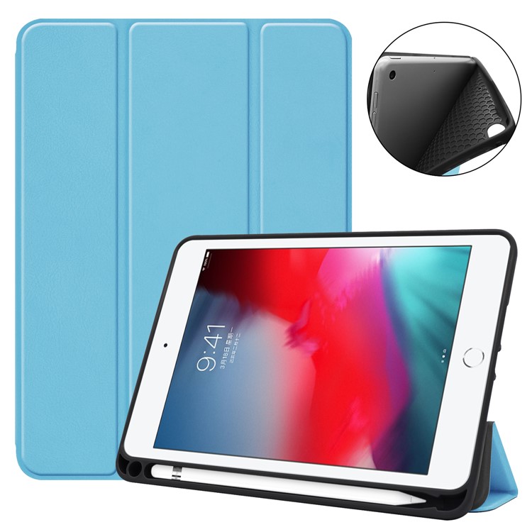 Dreifachgefalteter Standplatz PU-Ledertasche Mit Stift Für Ipad Mini (2019) 7,9 Zoll / iPad Mini 4 - Baby Blau-1