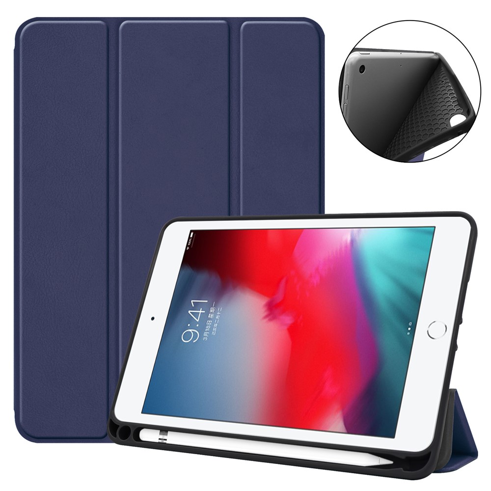 Tri-fold Stand PU Leather Smart Case with Pen Slot for iPad mini (2019) 7.9 inch / iPad mini 4 - Dark Blue-1