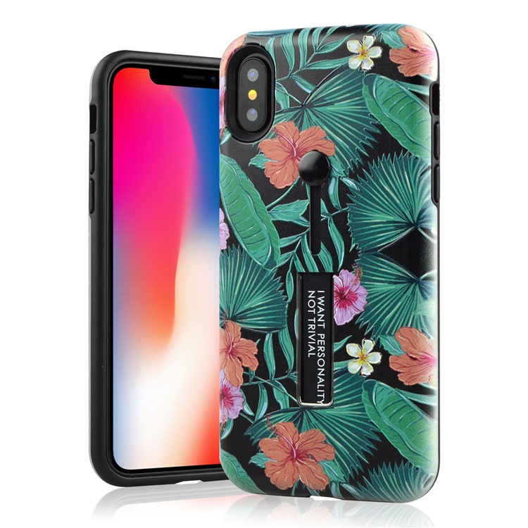 

Embossed Flower Botany Pattern Finger Grip Kickstand TPU PC Hybrid Protection Case for iPhone XS Max 6.5 inch - Pattern E, iPhone XS Max 6.5 inch