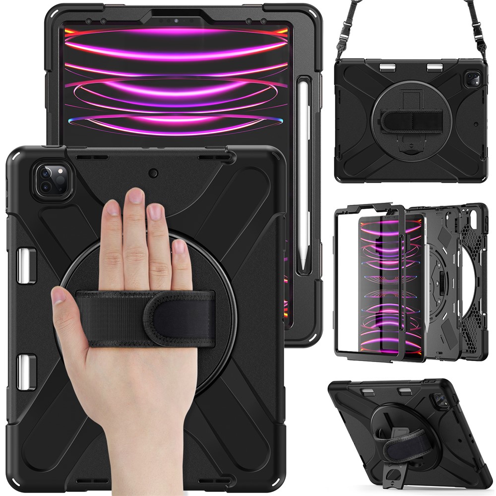 For iPad Pro 12.9-inch (2018) X-Shape PC + TPU Combo Kickstand Case with Hand Strap and Shoulder Strap - All Black-1