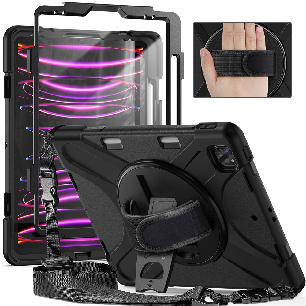 For iPad Pro 12.9-inch (2018) X-Shape PC + TPU Combo Kickstand Case with Hand Strap and Shoulder Strap - All Black-3