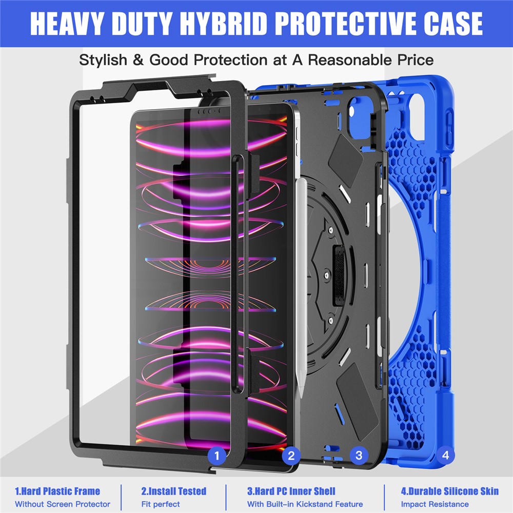 For iPad Pro 12.9-inch (2018) X-Shape PC + TPU Combo Kickstand Case with Hand Strap - Blue-3