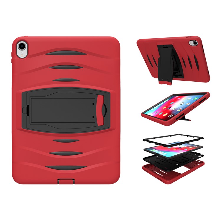 

For iPad Pro 11-inch (2018) [Ripple Design] PC + Silicone 3-layer Multi-function Case with Kickstand and Hand Strap - Red, iPad Pro 11-inch (2018)