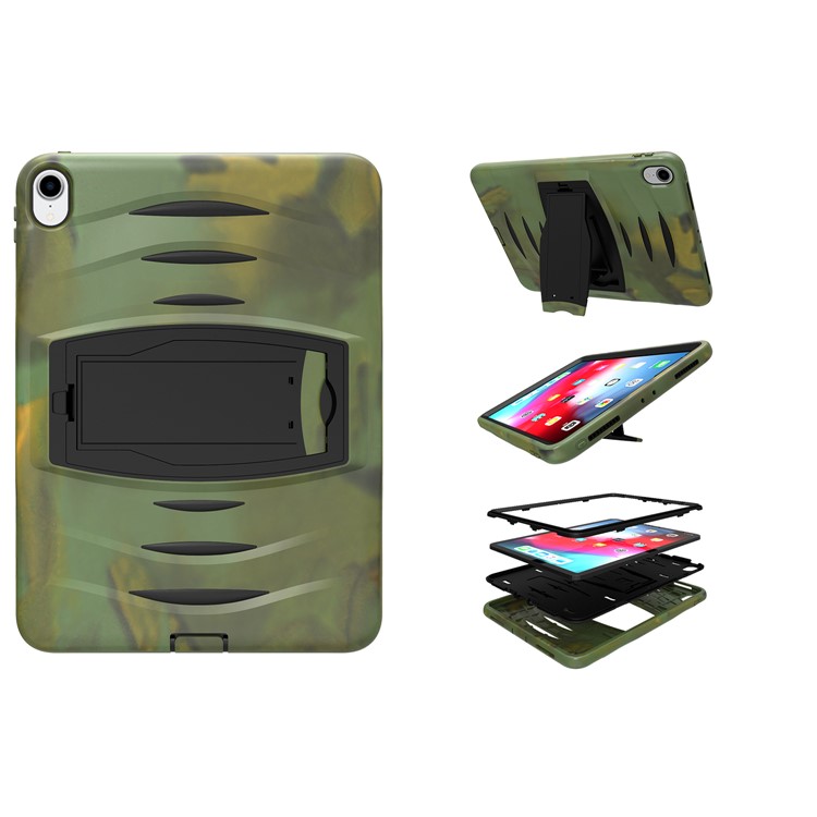 

For iPad Pro 11-inch (2018) [Ripple Design] PC + Silicone 3-layer Multi-function Case with Kickstand and Hand Strap - Camouflage, iPad Pro 11-inch (2018)