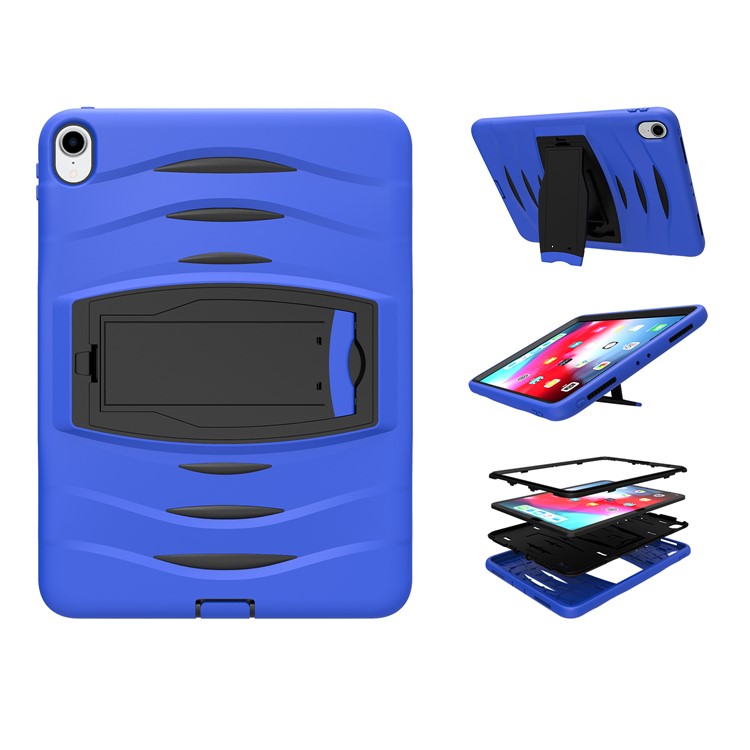 

For iPad Pro 11-inch (2018) [Ripple Design] PC + Silicone 3-layer Multi-function Case with Kickstand and Hand Strap - Blue, iPad Pro 11-inch (2018)