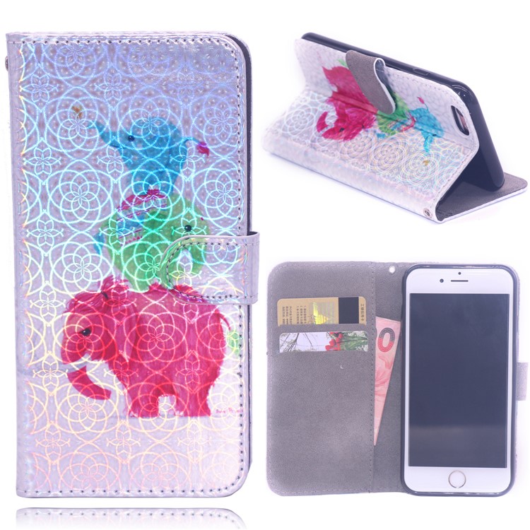 Laser Carving Pattern Printing Wallet Leather Case with Strap for iPhone 8/7 - Elephant-1