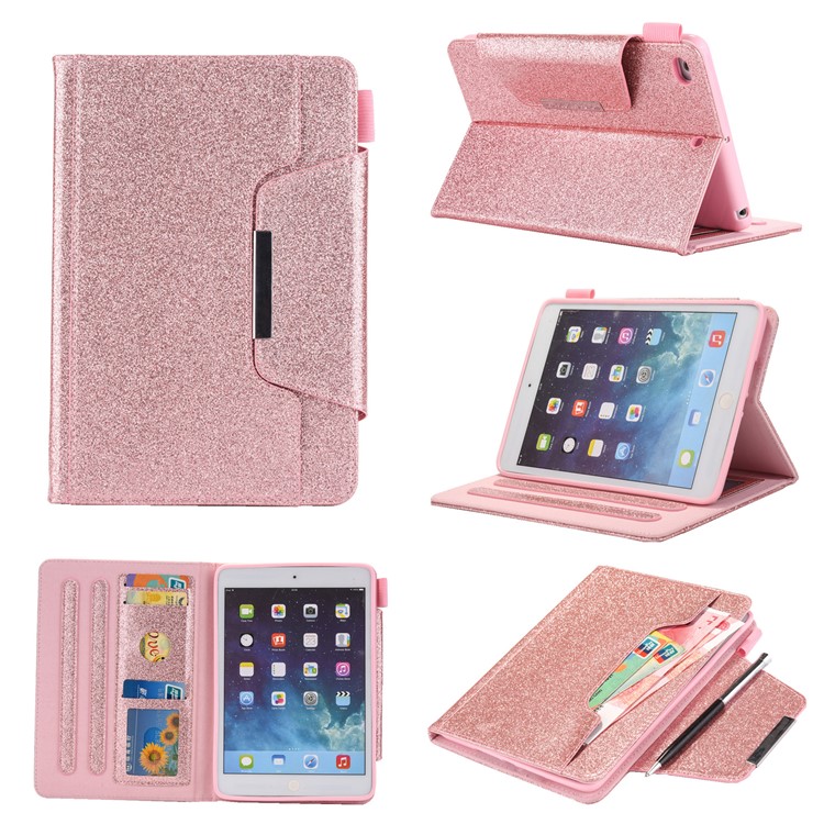 

для Ipad Mini (2019) 7,9 дюйма / 4 / 3 / 2 / 1 Металлическая Пряжка Флэш-порошок Кошелек Стенд Кожа Умный Корпус С Ручкой - Розовый, iPad mini (2019) 7.9 inch
