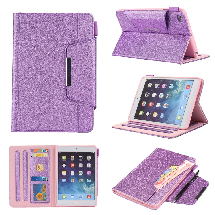 

For iPad mini (2019) 7.9 inch / 4 / 3 / 2 / 1 Metal Buckle Flash Powder Wallet Stand Leather Smart Shell with Pen Slot - Purple, iPad mini (2019) 7.9 inch