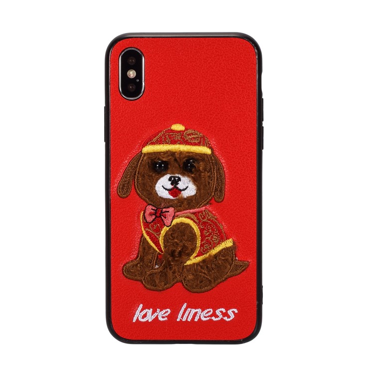 

Embroidery Pattern PU Leather Coated TPU Case for iPhone XS Max 6.5 inch - Red / Dog Wearing Hat, iPhone XS Max 6.5 inch