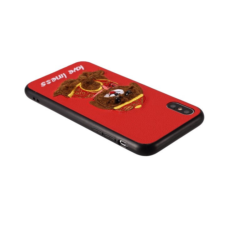 Embroidery Pattern PU Leather Coated TPU Phone Case for iPhone X - Red/Bear Pattern-2
