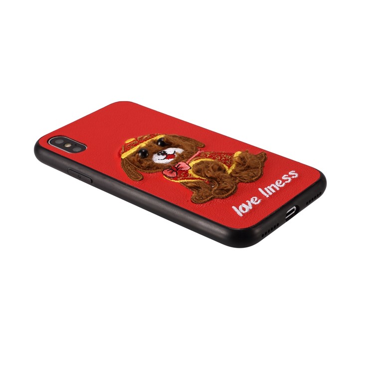 Embroidery Pattern PU Leather Coated TPU Phone Case for iPhone X - Red/Bear Pattern-3