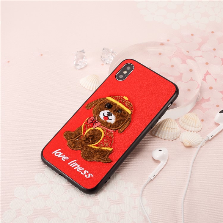 Embroidery Pattern PU Leather Coated TPU Phone Case for iPhone X - Red/Bear Pattern-4