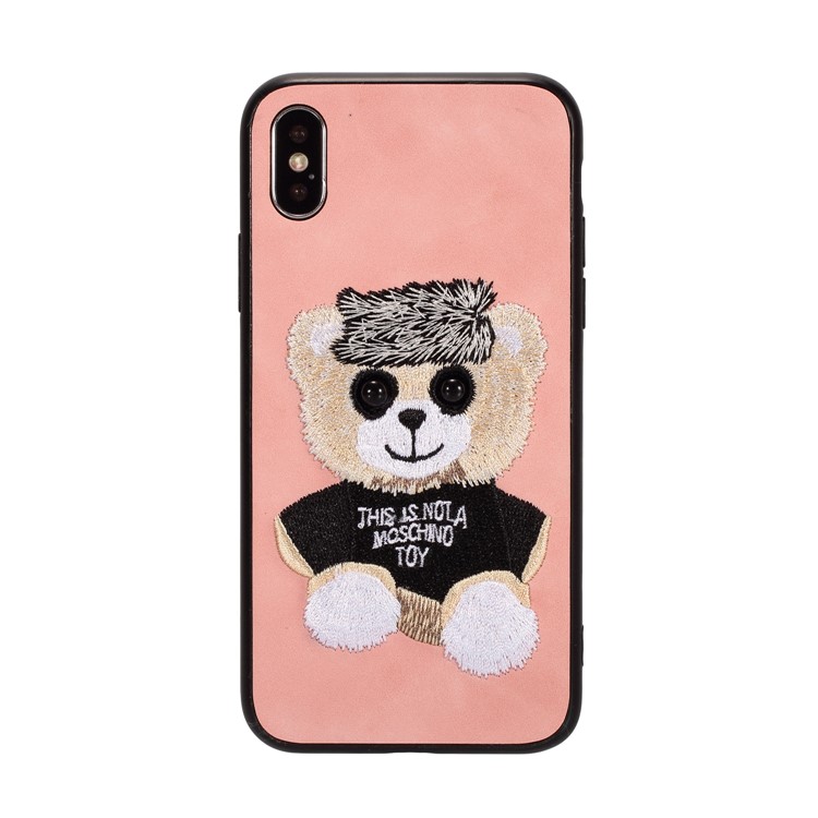

Embroidery Pattern PU Leather Coated TPU Phone Case for iPhone X - Pink/Bear Pattern, iPhone X