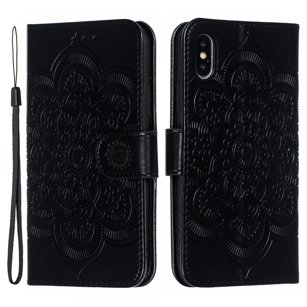 Imprint Mandala Flower Leather Wallet Case Phone Cover for iPhone X/XS - Black-1