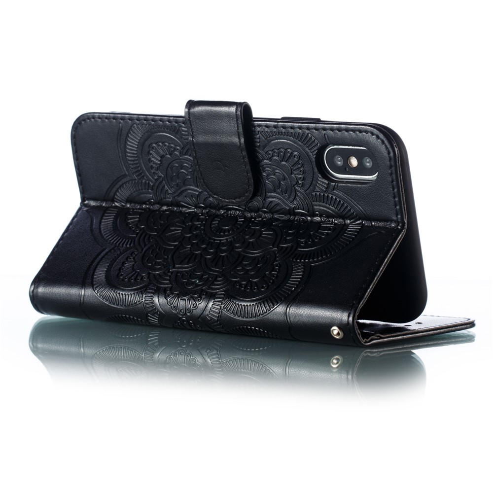 Impressão Mandala Flower Leather Caixa Caixa Caixa Telefone Para Iphone X/XS Com Slot de Foto - Preto