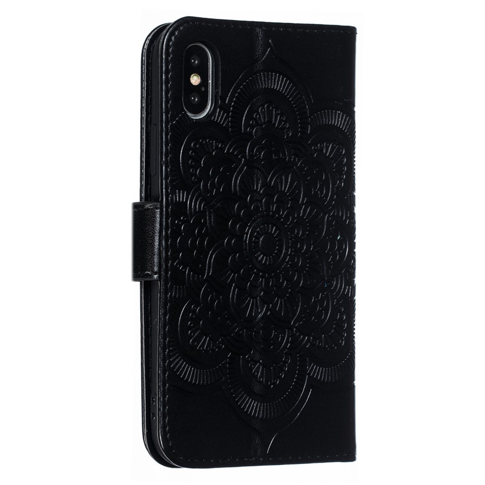 Imprimer Mandala Flower le Cuir de Portefeuille Couvercle de Téléphone Pour Iphone x / xs Avec Emplacement Photo - le Noir