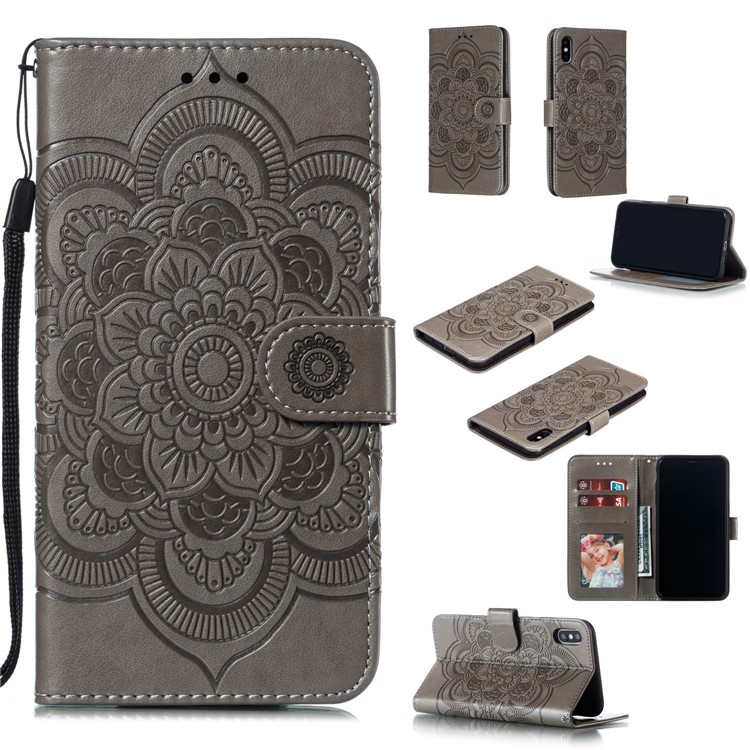 Para Iphone XS Impresión Máx. Mandala Flor Billetera De Cuero Caja Del Teléfono Cubierta - Gris-1
