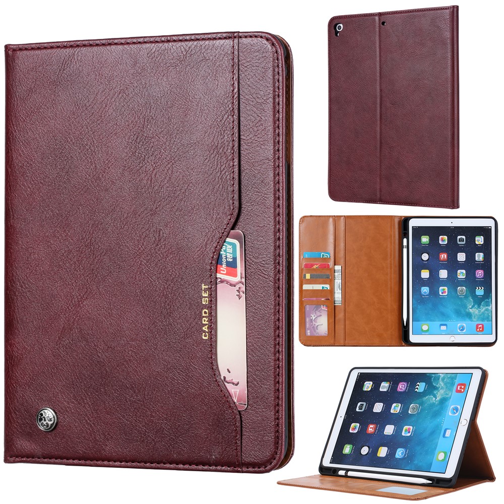 PU Leather Stand Wallet Protective Case with Pen Slot for iPad 9.7-inch (2018)/9.7-inch (2017)/Air/Air 2 - Wine Red