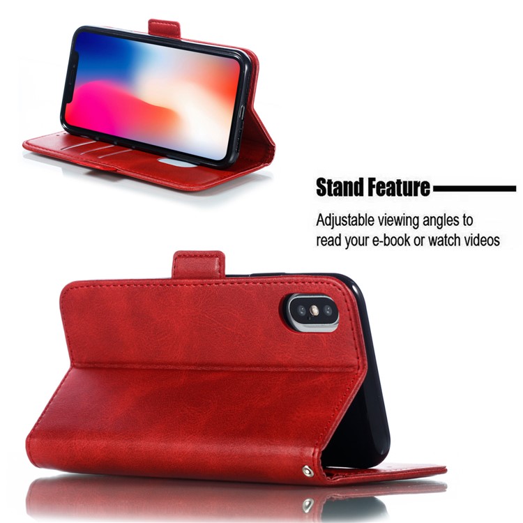 Leather Wallet Stand Flip Phone Case Cover for iPhone XS / iPhone X - Red-8