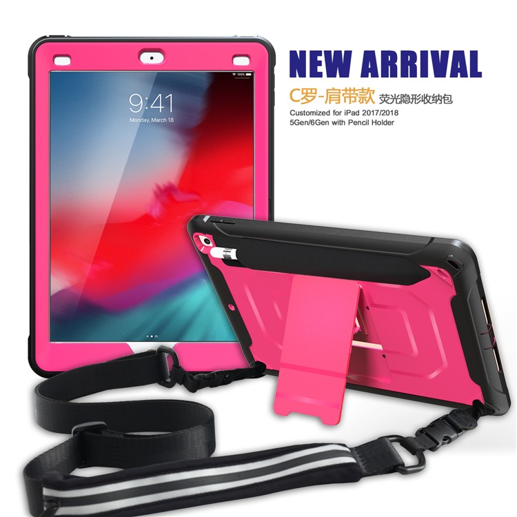 Anti-drop PC + TPU Hybrid Protective Case with Kickstand and Shoulder Strap for iPad 9.7-inch (2018)/(2017) - Pink-3