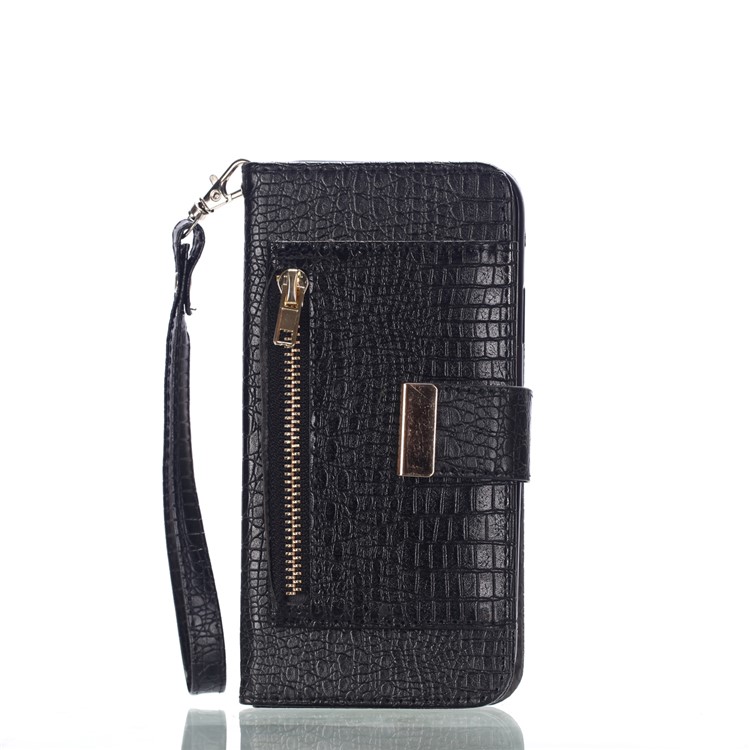 

Crocodile Texture Zippered Leather Wallet Phone Case with Strap for iPhone XR - Black, iPhone XR 6.1 inch