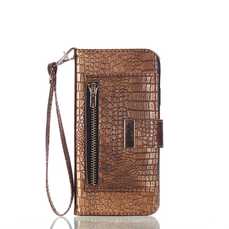 

Crocodile Texture Zippered Leather Wallet Phone Case with Strap for iPhone XR - Brown, iPhone XR 6.1 inch