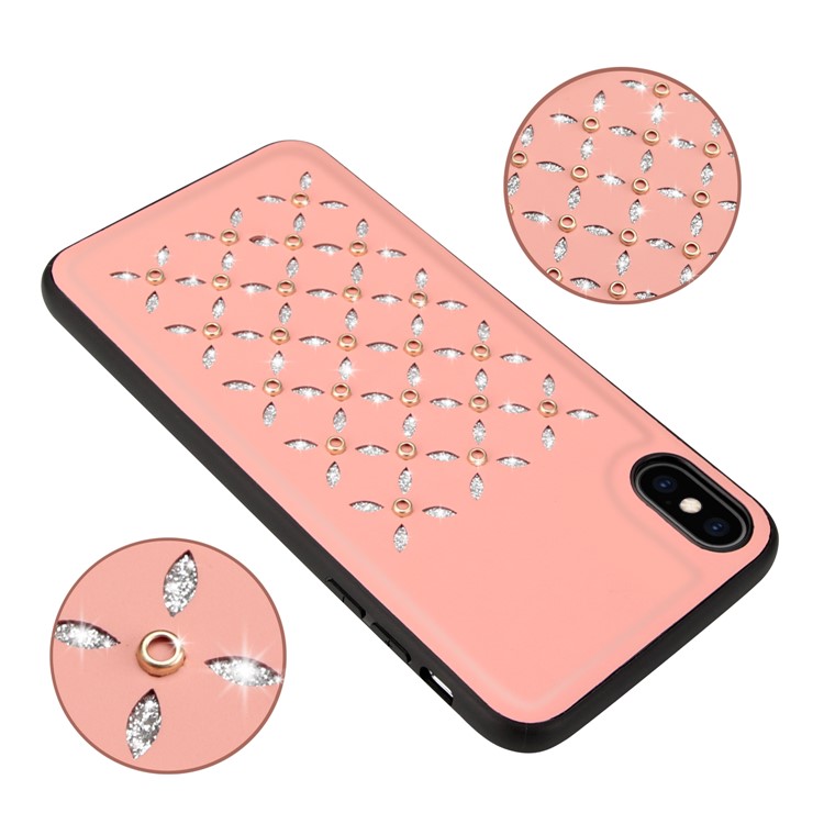 Small Circles Pattern Shiny Diamond Hollow PC+TPU+PU Leather Phone Case for iPhone XS Max 6.5 inch - Pink-2