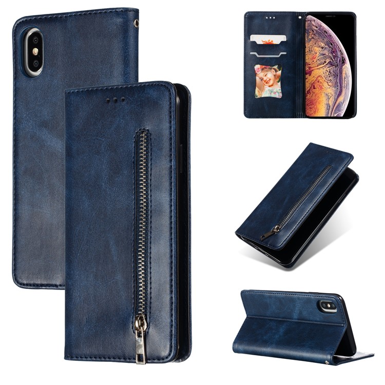 

Auto-absorbed Zipper Wallet Leather Phone Casing for iPhone X/XS 5.8 inch - Blue, iPhone XS 5.8 inch