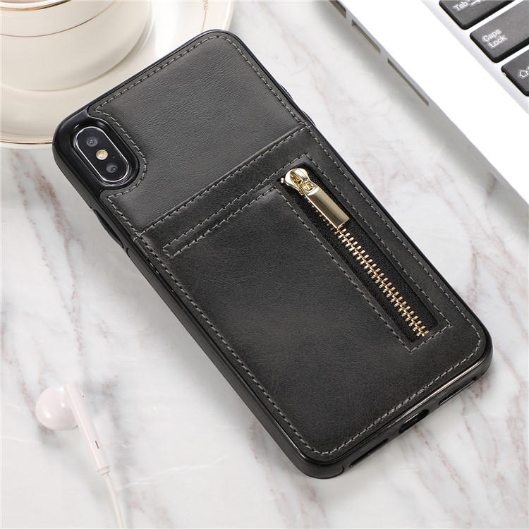 

PU Leather Coated TPU Phone Back Case with Zipper for iPhone XS Max - Black, iPhone XS Max 6.5 inch