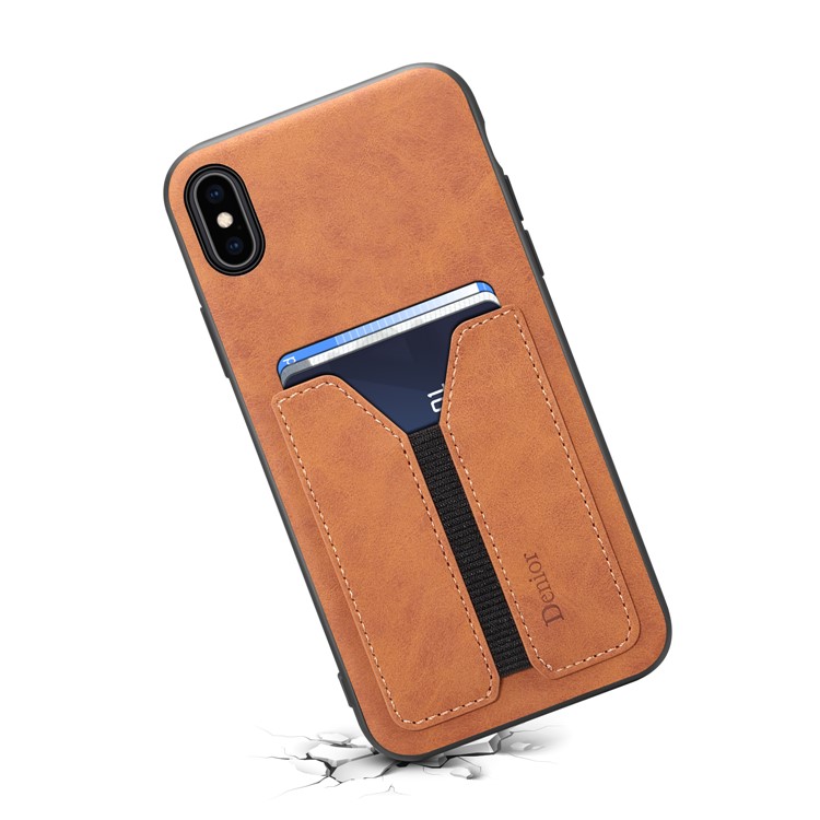 DENIOR Elastic Card Slot PU Leather Coated TPU Back Case for iPhone XS Max 6.5 inch - Brown-2