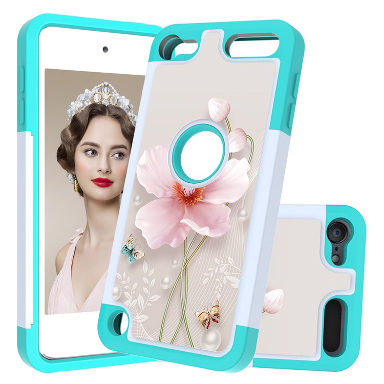 Pattern Printing TPU+PC+PU Leather Coated Phone Case for Apple iPod Touch (2019) / Touch 6 / 5 - Cyan / Flower-1