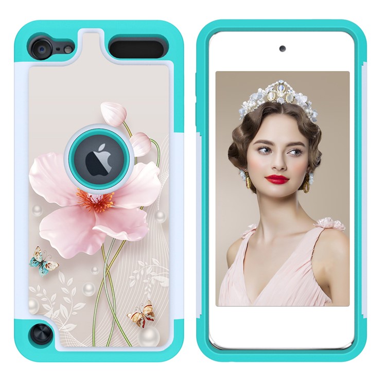 Pattern Printing TPU+PC+PU Leather Coated Phone Case for Apple iPod Touch (2019) / Touch 6 / 5 - Cyan / Flower-3