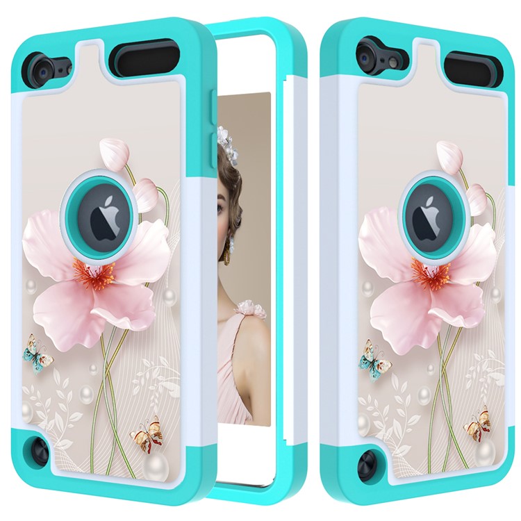 Pattern Printing TPU+PC+PU Leather Coated Phone Case for Apple iPod Touch (2019) / Touch 6 / 5 - Cyan / Flower-4