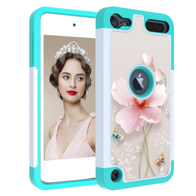 Pattern Printing TPU+PC+PU Leather Coated Phone Case for Apple iPod Touch (2019) / Touch 6 / 5 - Cyan / Flower-5