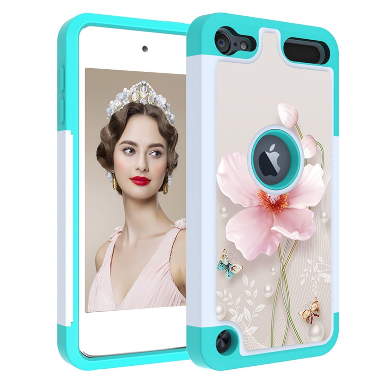 2 in 1 Pattern Printing TPU+PU Leather Coated Phone Case for Apple iPod touch (2019) / iPod Touch 6 / Touch 5 - Cyan / Flower-5