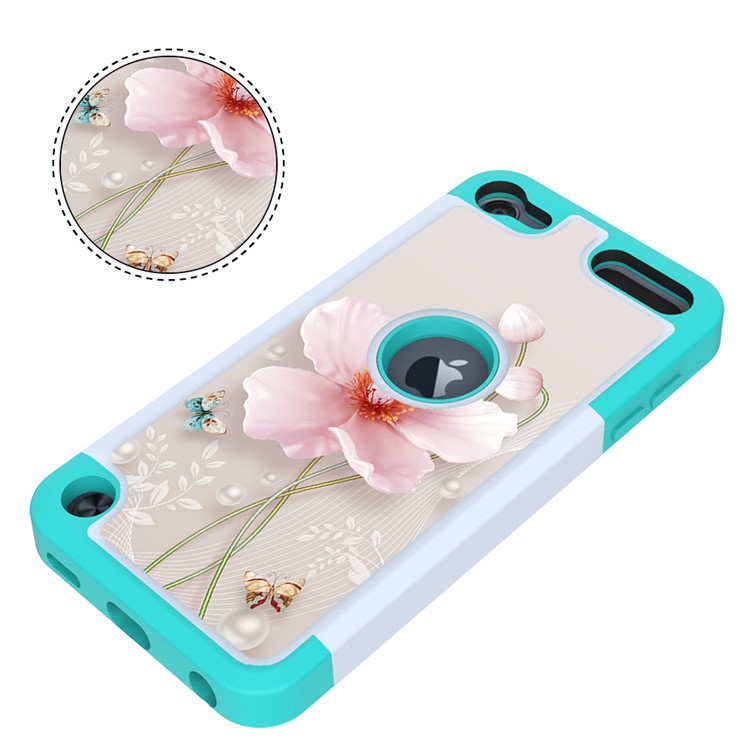 Pattern Printing TPU+PC+PU Leather Coated Phone Case for Apple iPod Touch (2019) / Touch 6 / 5 - Cyan / Flower-8