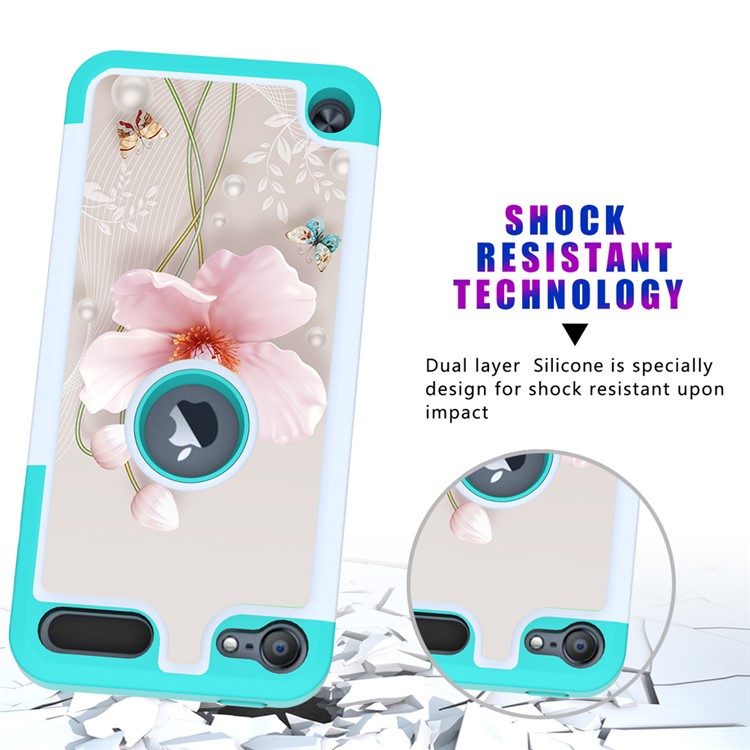 Pattern Printing TPU+PC+PU Leather Coated Phone Case for Apple iPod Touch (2019) / Touch 6 / 5 - Cyan / Flower-9