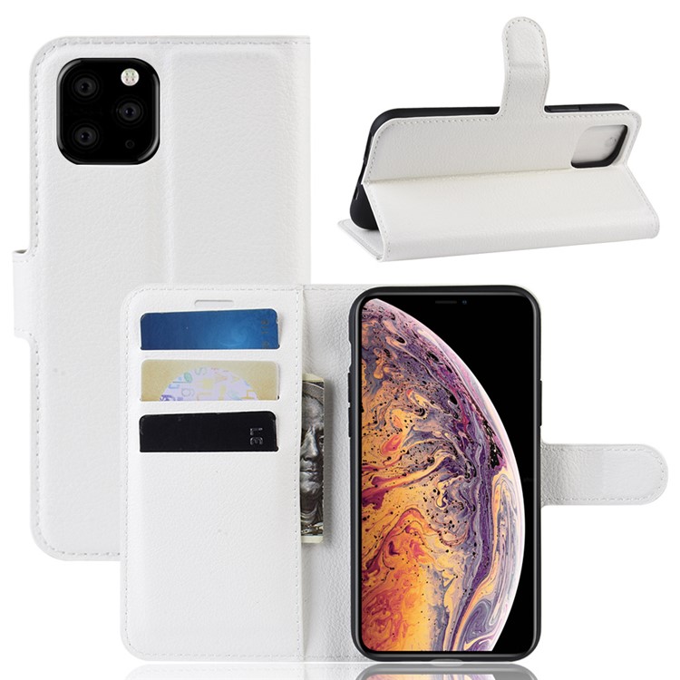 Litchi Skin Wallet Leather Stand Caso Para Iphone 11 Pro Max 6,5 Polegadas (2019) - Branco